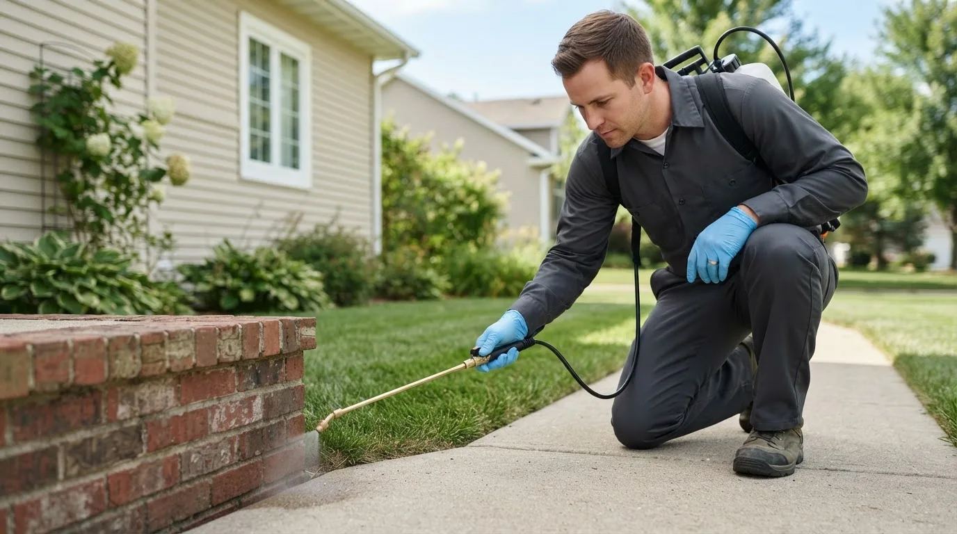 Pest control technician treating a home near Cordova, NM