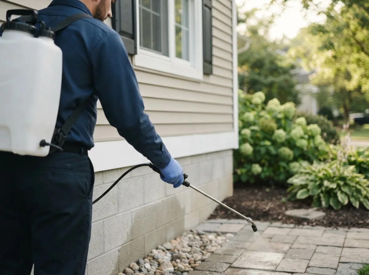 Pest control technician inspecting a home in Cordova, NM